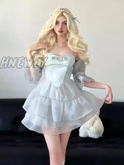 Hnewly Rhinestone Bowtie Corset Mini Dress Women Lolita Op Strapless Tiered Ruffle Princess Puffy