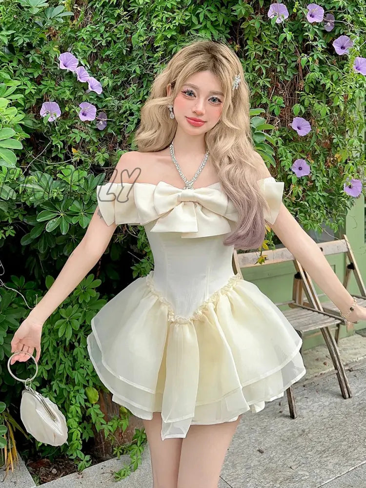 Rhinestone Halter Bowknot Mini Dress Women Medieval Retro Off-shoulder Layered Ruffle Puffy Dress Party Princess Dress