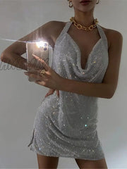 Hnewly Rhinestone Mini Party Dresses Women Backless Pink Sexy Dress Halter Night Club Glitter