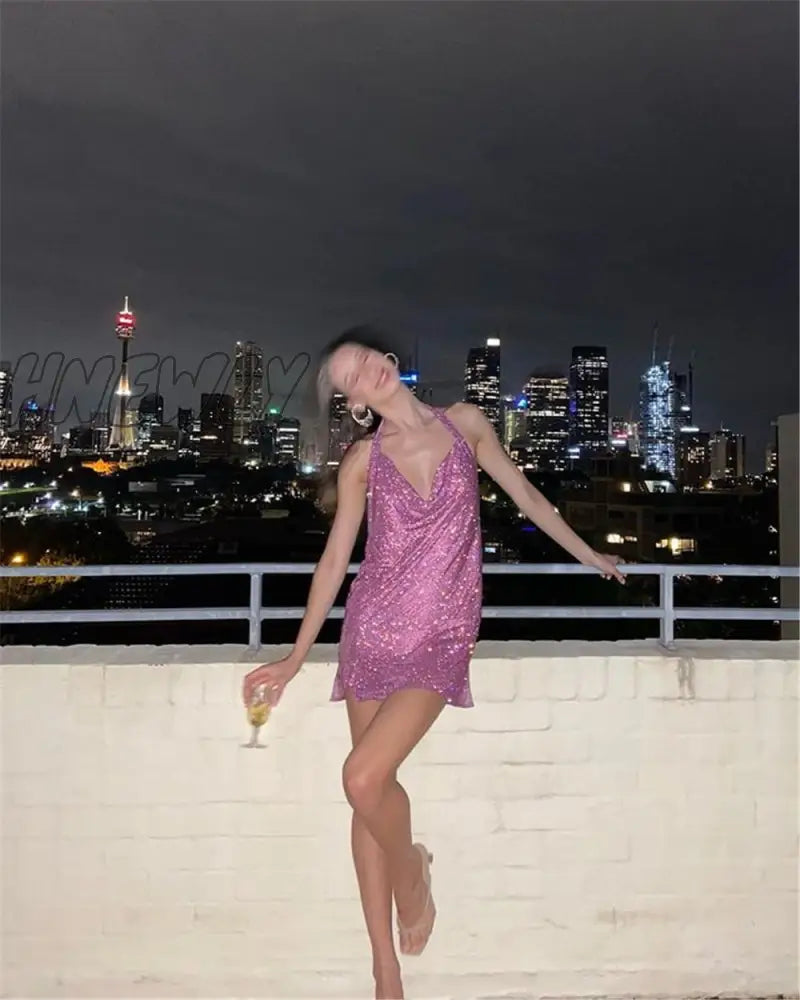 Hnewly Rhinestone Mini Party Dresses Women Backless Pink Sexy Dress Halter Night Club Glitter