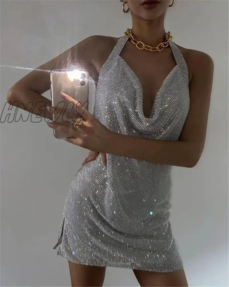 Hnewly Rhinestone Mini Party Dresses Women Backless Pink Sexy Dress Halter Night Club Glitter