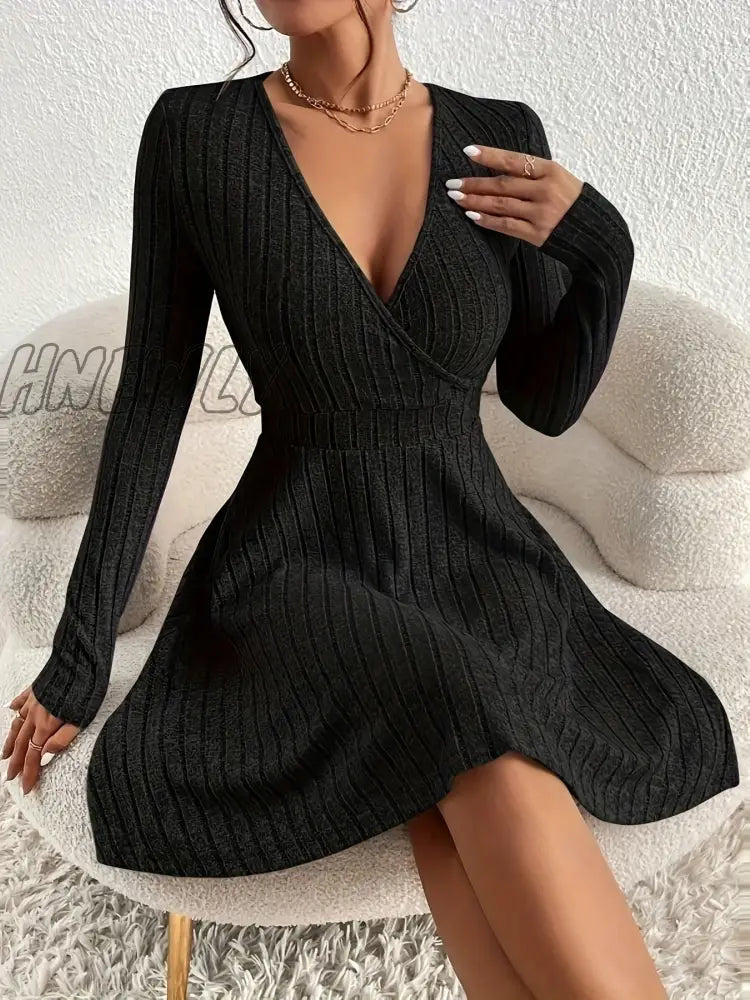Hnewly Ribbed Solid Midi Dress Elegant V Neck Long Sleeve Women’s Clothing