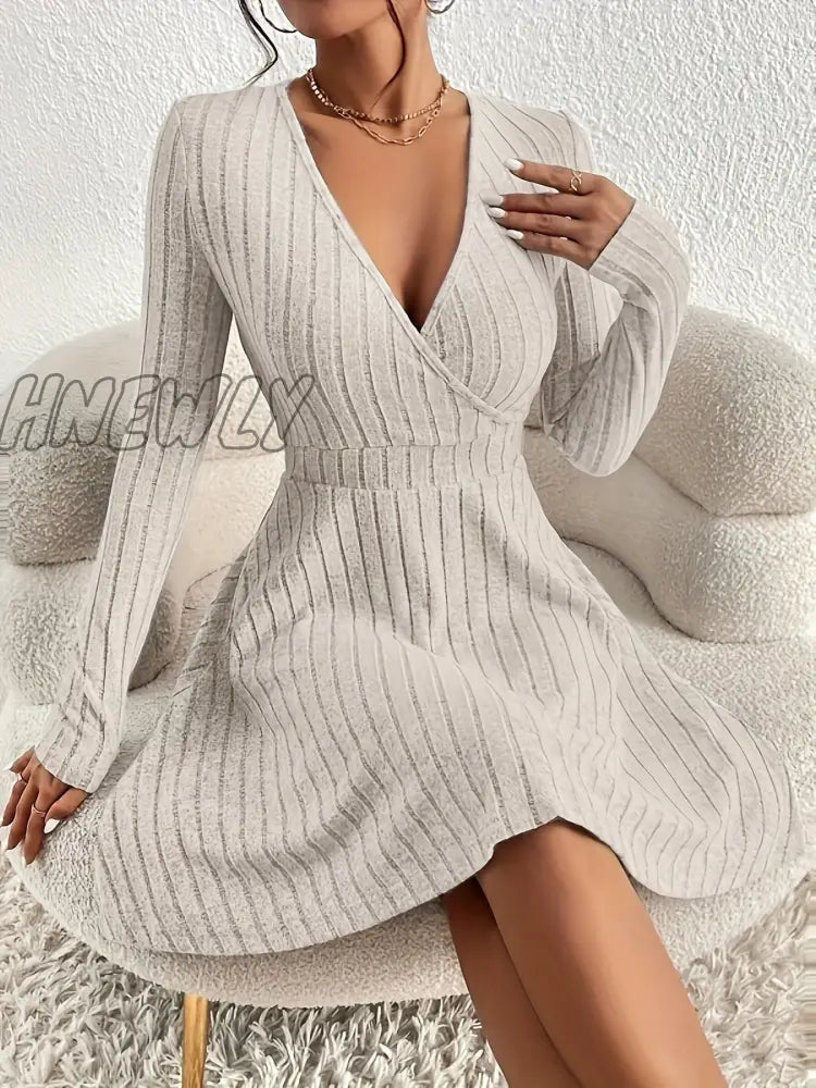 Hnewly Ribbed Solid Midi Dress Elegant V Neck Long Sleeve Women’s Clothing