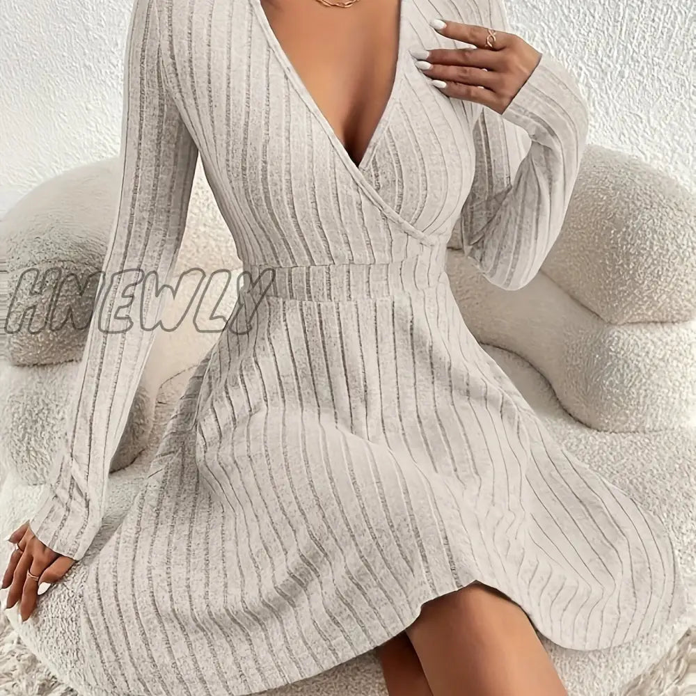 Hnewly Ribbed Solid Midi Dress Elegant V Neck Long Sleeve Women’s Clothing Apricot / S(4)