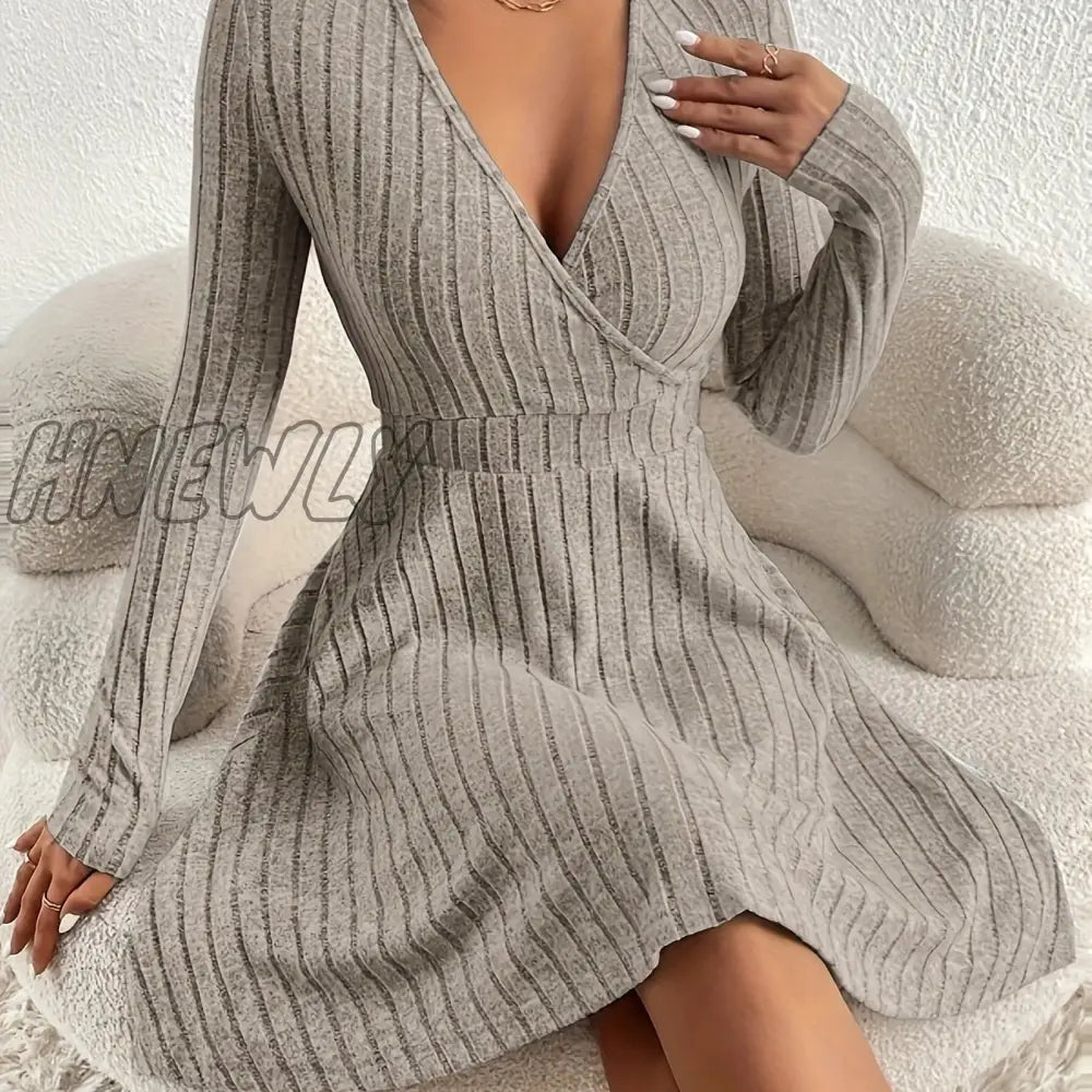 Hnewly Ribbed Solid Midi Dress Elegant V Neck Long Sleeve Women’s Clothing Ash / S(4)