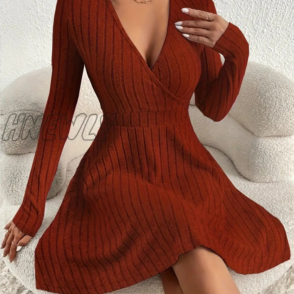 Hnewly Ribbed Solid Midi Dress Elegant V Neck Long Sleeve Women’s Clothing Caramel Colour / S(4)