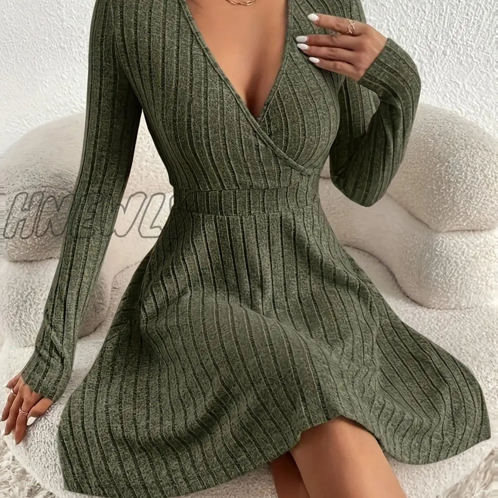 Hnewly Ribbed Solid Midi Dress Elegant V Neck Long Sleeve Women’s Clothing Green / S(4)