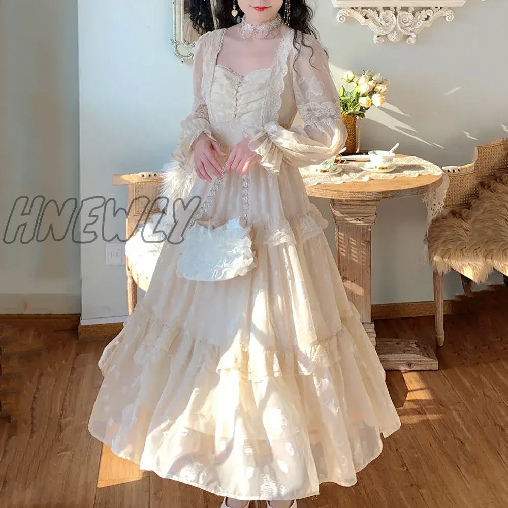 Hnewly Romantic French Court Style Dress Womens Spring Flare Sleeve High Waist Elegant Female