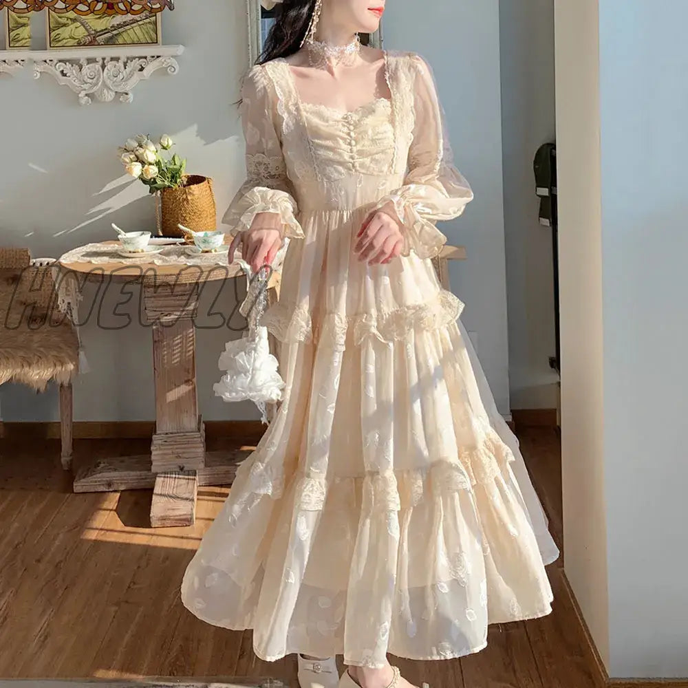 Romantic French Court Style Dress Womens Spring Flare Sleeve High Waist Elegant Female Dress Vintage Long Dresses