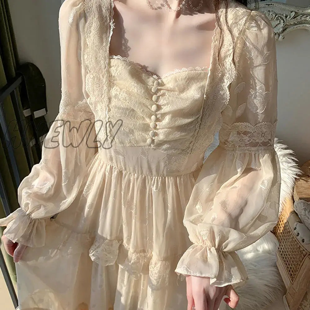 Hnewly Romantic French Court Style Dress Womens Spring Flare Sleeve High Waist Elegant Female