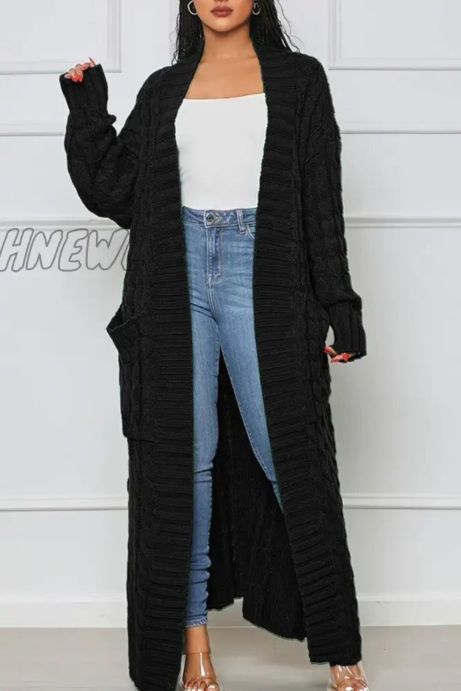 Hnewly - Rose Red Casual Street Solid Slit Cardigan Weave Outerwear Black / S Coats