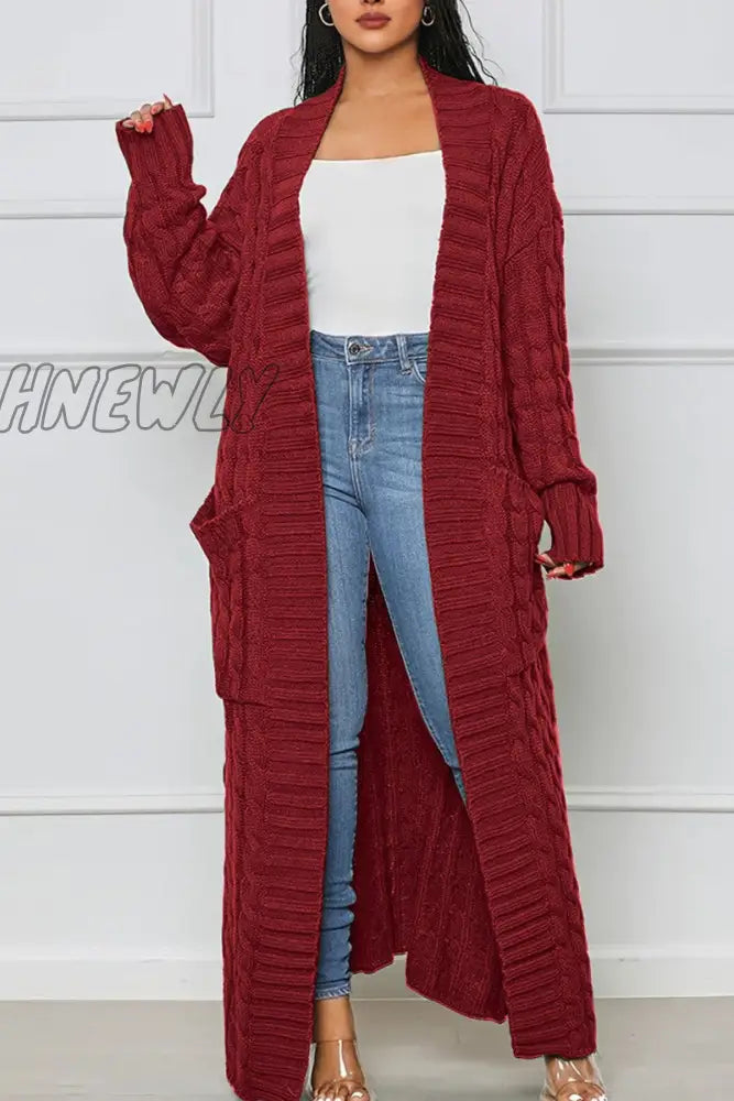 Hnewly - Rose Red Casual Street Solid Slit Cardigan Weave Outerwear Burgundy / S Coats