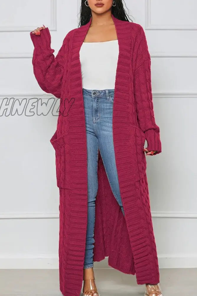 Hnewly - Rose Red Casual Street Solid Slit Cardigan Weave Outerwear Coats