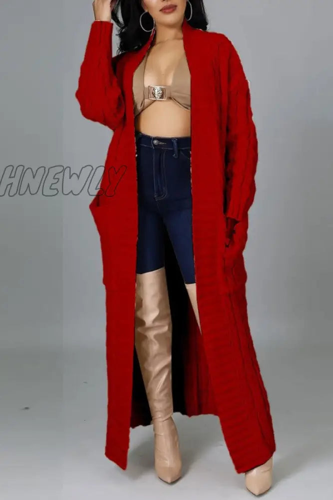 Hnewly - Rose Red Casual Street Solid Slit Cardigan Weave Outerwear Coats