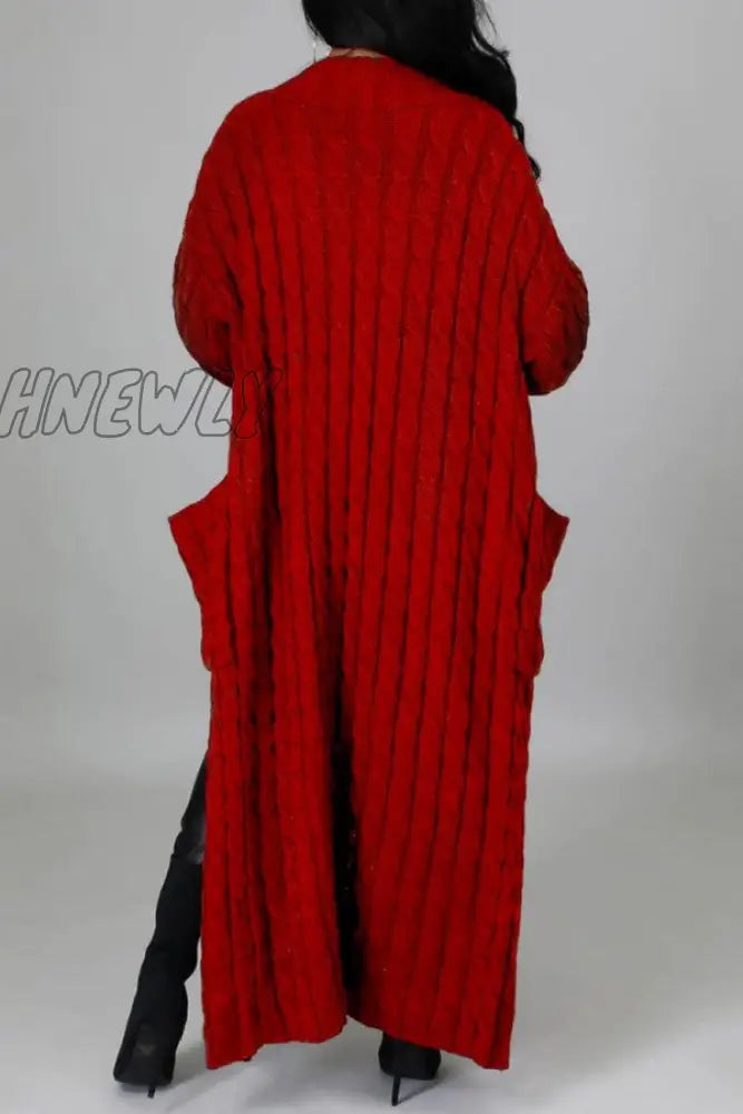 Hnewly - Rose Red Casual Street Solid Slit Cardigan Weave Outerwear Coats