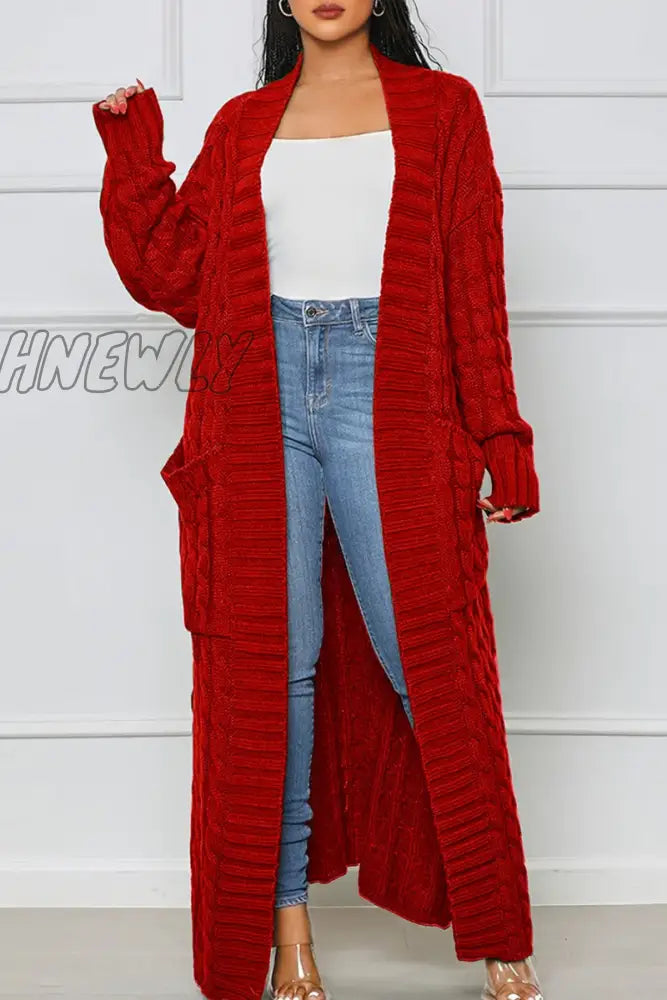 Hnewly - Rose Red Casual Street Solid Slit Cardigan Weave Outerwear / S Coats