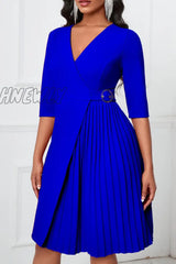 Hnewly - Royal Blue Casual Solid Patchwork Fold V Neck A Line Dresses Dresses Midi