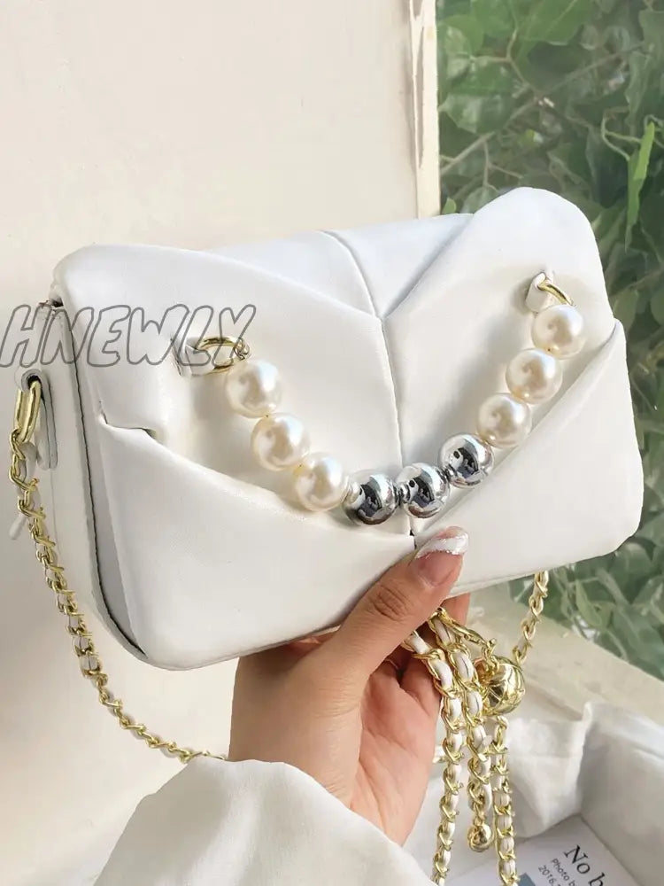 Hnewly - Ruched Detail Beaded Decor Chain Square Bag Women Satchels White Women-Satchels