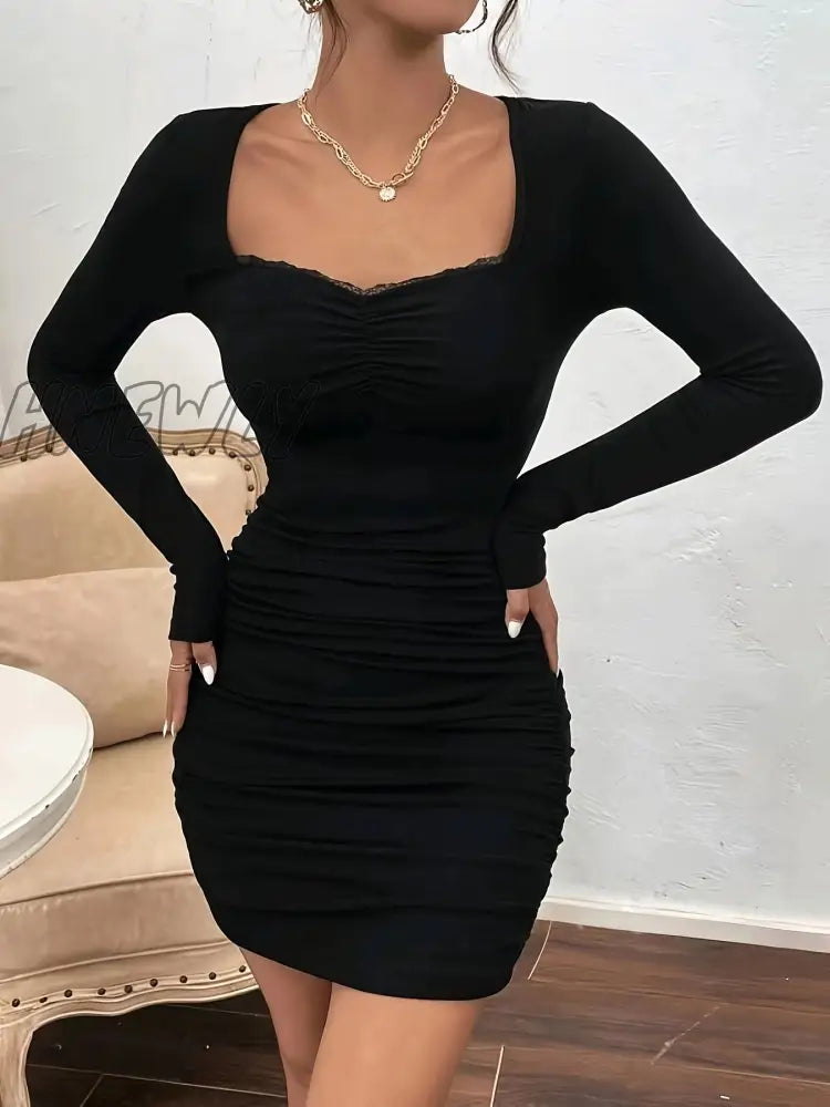 Hnewly Ruched Solid Bodycon Dress Elegant Long Sleeve Mini Women’s Clothing