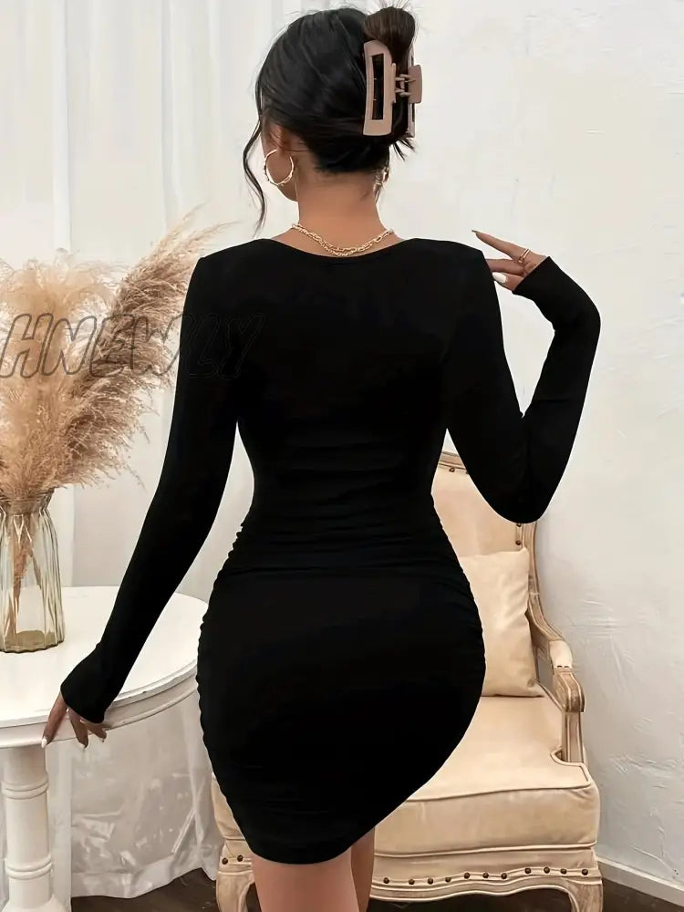 Hnewly Ruched Solid Bodycon Dress Elegant Long Sleeve Mini Women’s Clothing