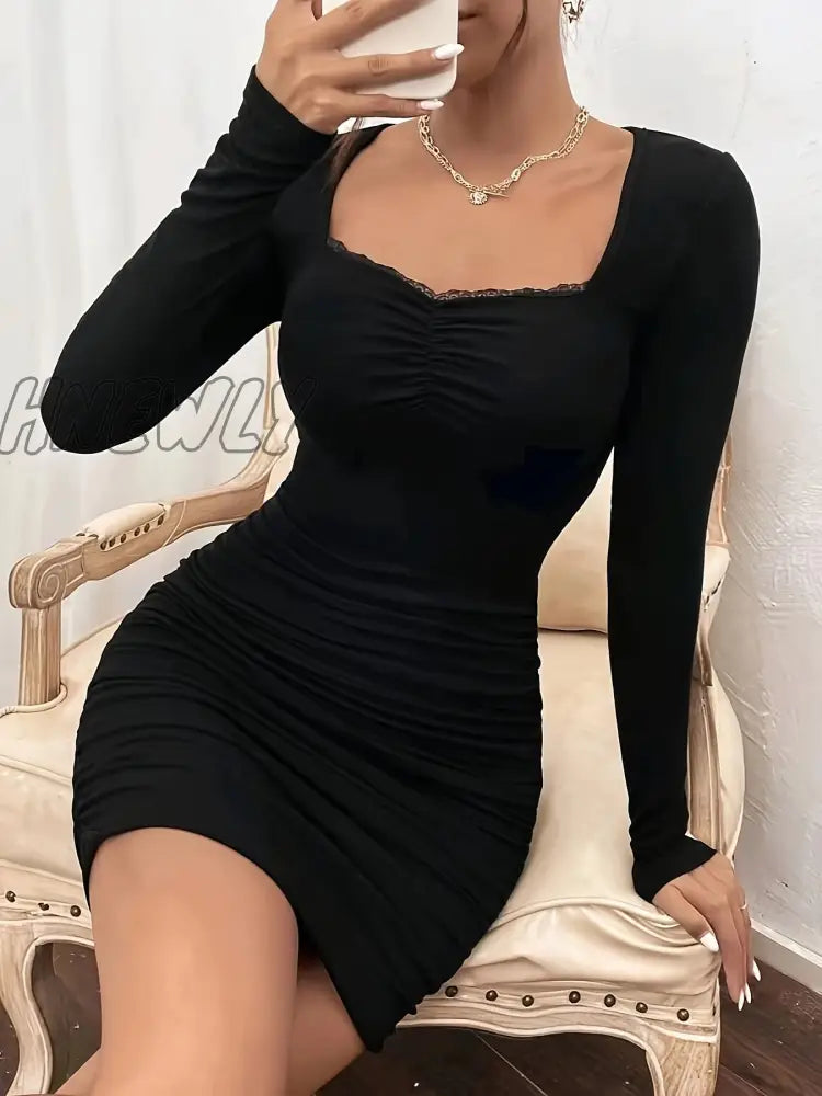 Hnewly Ruched Solid Bodycon Dress Elegant Long Sleeve Mini Women’s Clothing