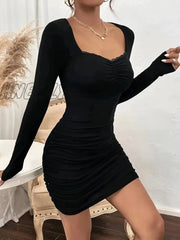 Hnewly Ruched Solid Bodycon Dress Elegant Long Sleeve Mini Women’s Clothing