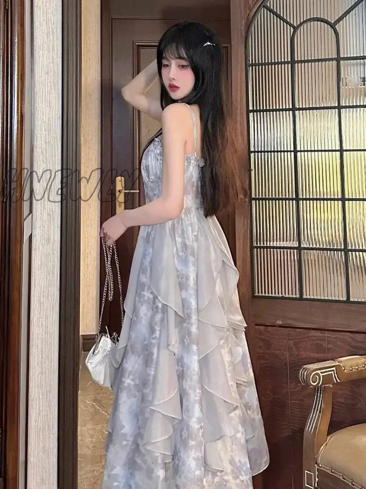 Ruffles Elegant Vintage Two Piece Set Women Print Korean Fashion Midi Dress Suit Female Causal