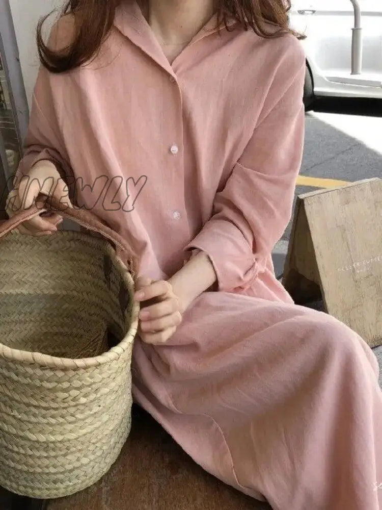 Hnewly S-2Xl Summer Shirt Dress Pink Evening Vintage Party Oversize Long Cotton Beach Women Dresses