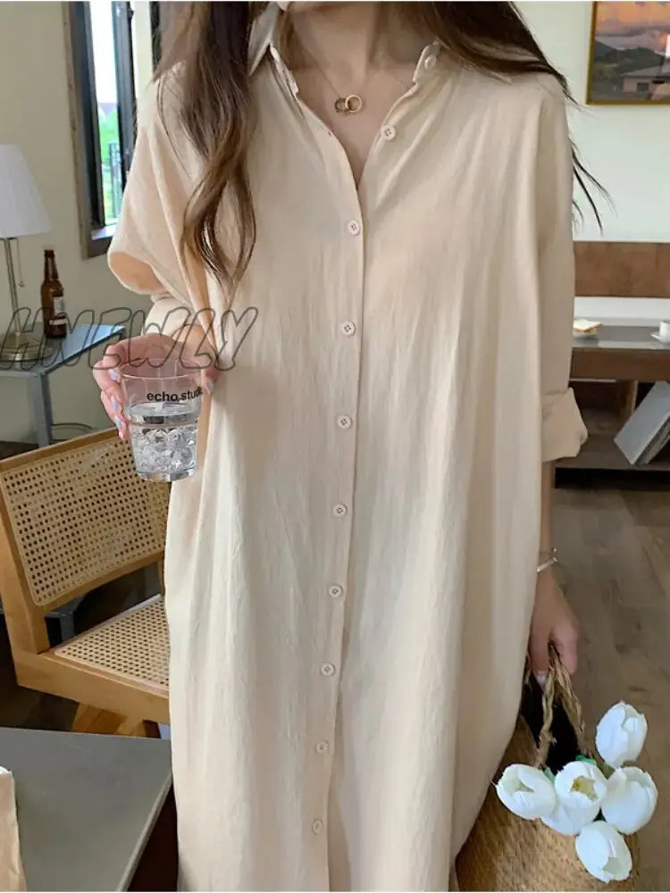 Hnewly S-2Xl Summer Shirt Dress Pink Evening Vintage Party Oversize Long Cotton Beach Women Dresses