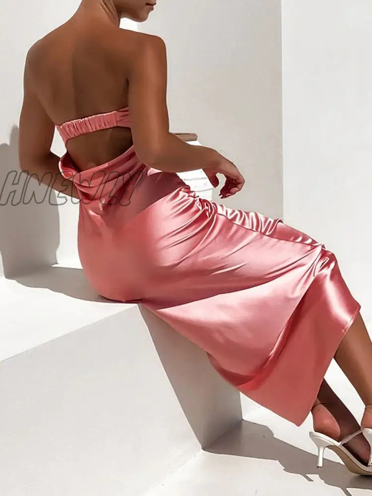 Hnewly Satin Basic Strapless Club Sexy Maxi Dress Backless Slim Hollow Out Women Party Dresses
