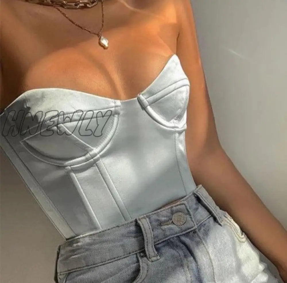 Hnewly Satin Corset Crop Top Strapless Green Summer Sexy Tube Off Shoulder Party Sleeveless Bustier