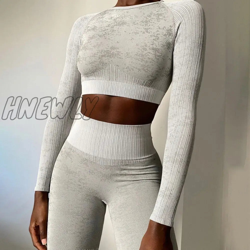 Hnewly Seamless Yoga Set Women Two 2 Piece Long Sleeve Crop Top T - Shirt Leggings Tracksuit Outfit