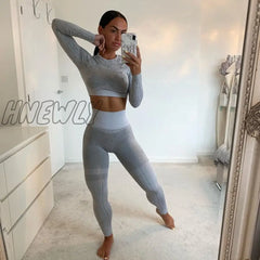 Hnewly Seamless Yoga Set Women Two 2 Piece Long Sleeve Crop Top T - Shirt Leggings Tracksuit Outfit