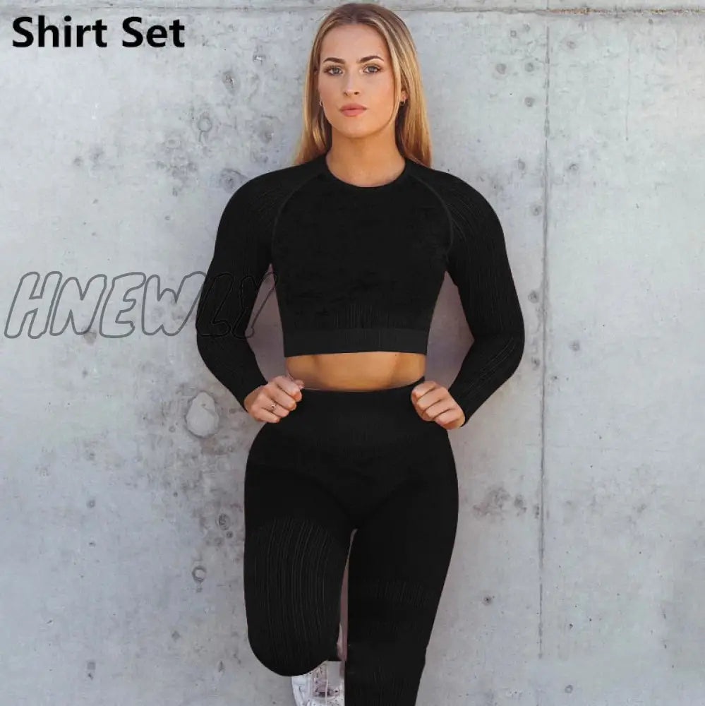 Hnewly Seamless Yoga Set Women Two 2 Piece Long Sleeve Crop Top T - Shirt Leggings Tracksuit Outfit