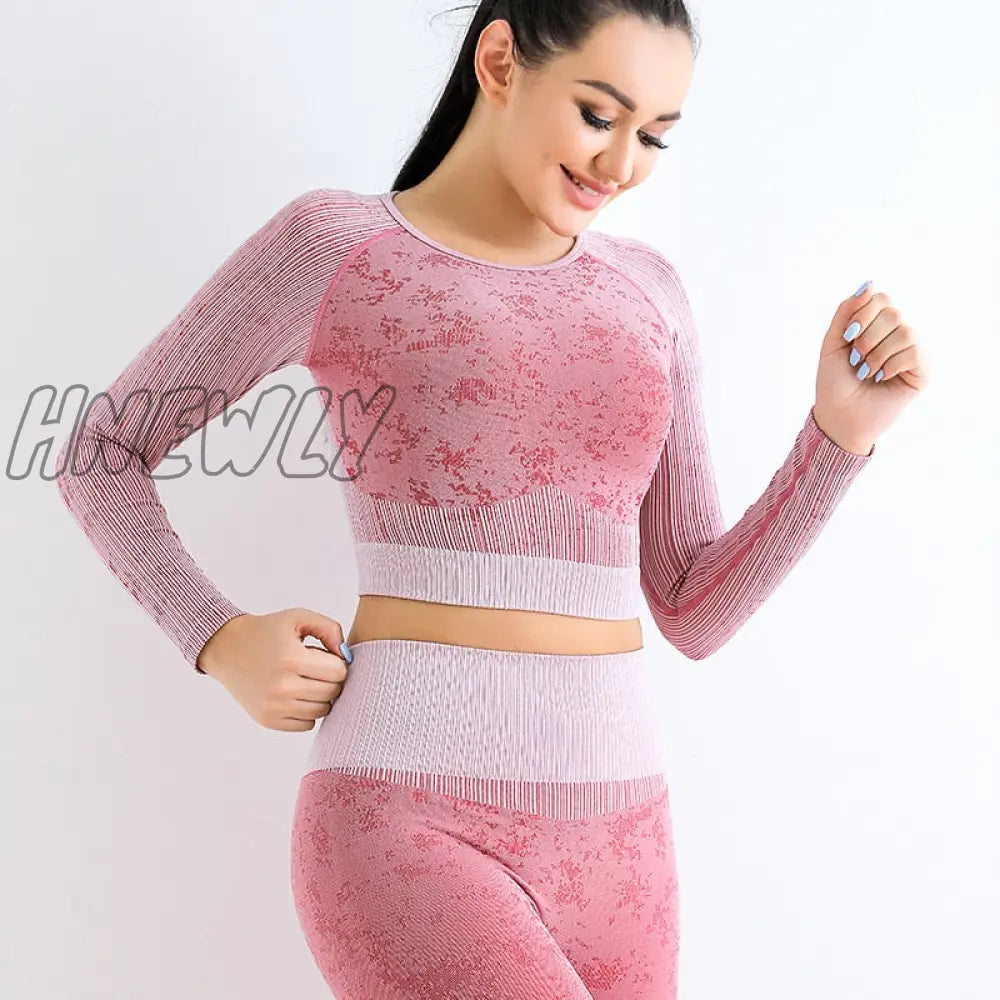 Hnewly Seamless Yoga Set Women Two 2 Piece Long Sleeve Crop Top T - Shirt Leggings Tracksuit Outfit