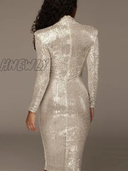 Hnewly Sequined High Collar Midi Dress Elegant Long Sleeve Bodycon Tight Stretch Knee Length Party