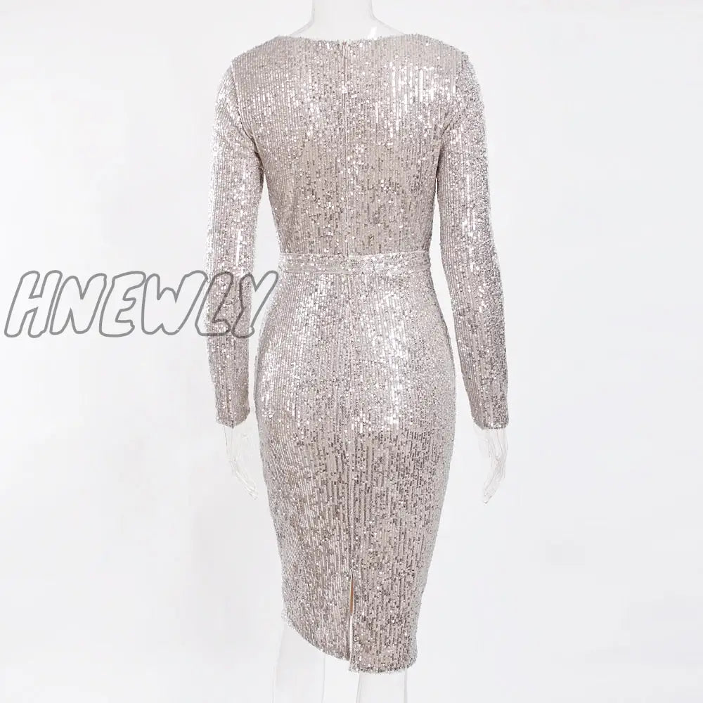 Hnewly Sequined High Collar Midi Dress Elegant Long Sleeve Bodycon Tight Stretch Knee Length Party