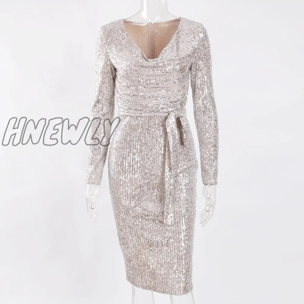 Hnewly Sequined High Collar Midi Dress Elegant Long Sleeve Bodycon Tight Stretch Knee Length Party