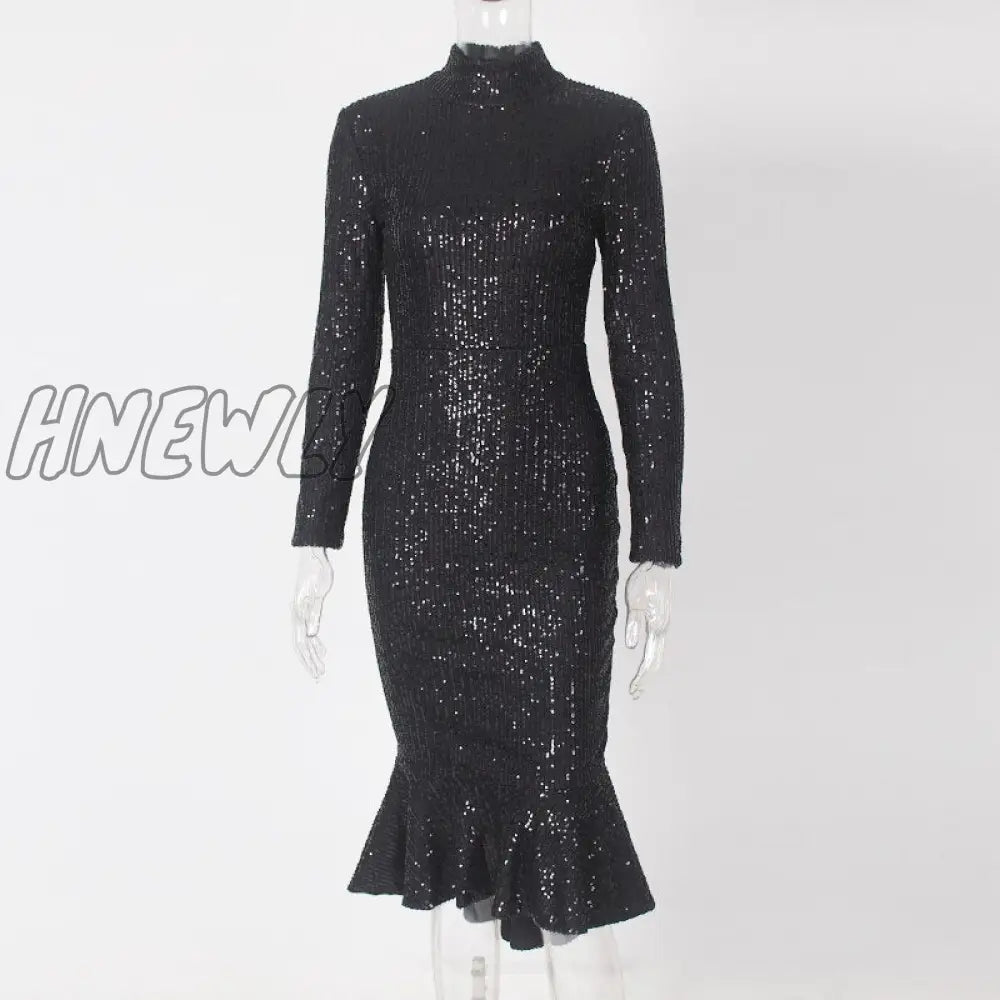 Hnewly Sequined High Collar Midi Dress Elegant Long Sleeve Bodycon Tight Stretch Knee Length Party