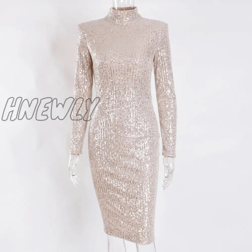 Hnewly Sequined High Collar Midi Dress Elegant Long Sleeve Bodycon Tight Stretch Knee Length Party