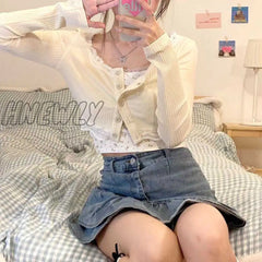 Hnewly Sets Women Fresh Chic Summer Female Two Piece Single Breasted Cardigan Sexy Girlish Crops