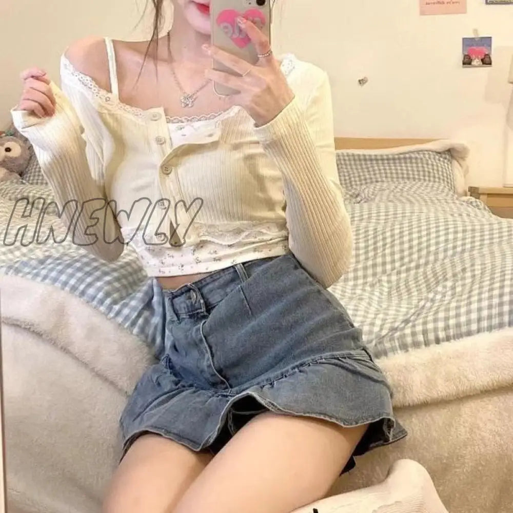 Hnewly Sets Women Fresh Chic Summer Female Two Piece Single Breasted Cardigan Sexy Girlish Crops