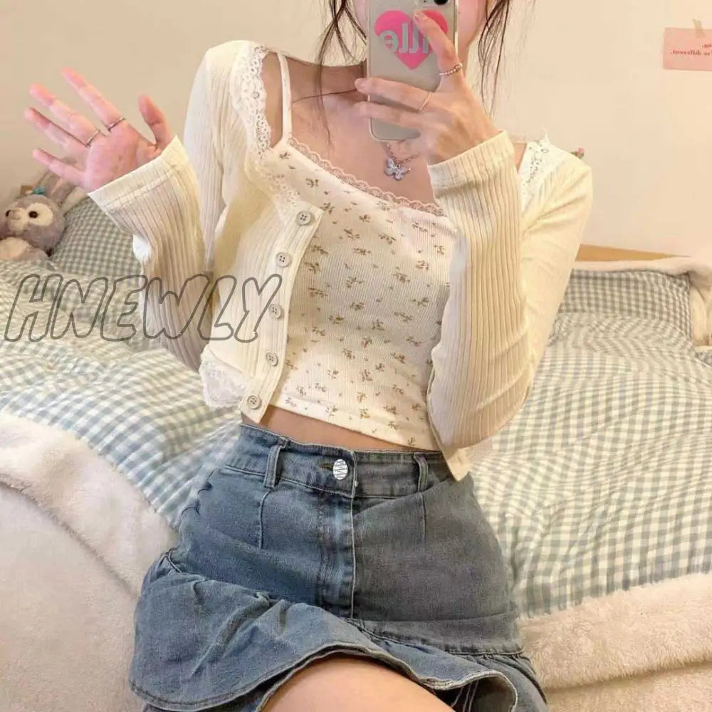 Hnewly Sets Women Fresh Chic Summer Female Two Piece Single Breasted Cardigan Sexy Girlish Crops