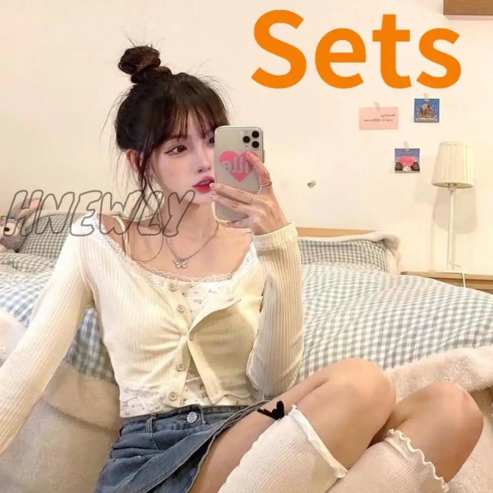 Hnewly Sets Women Fresh Chic Summer Female Two Piece Single Breasted Cardigan Sexy Girlish Crops