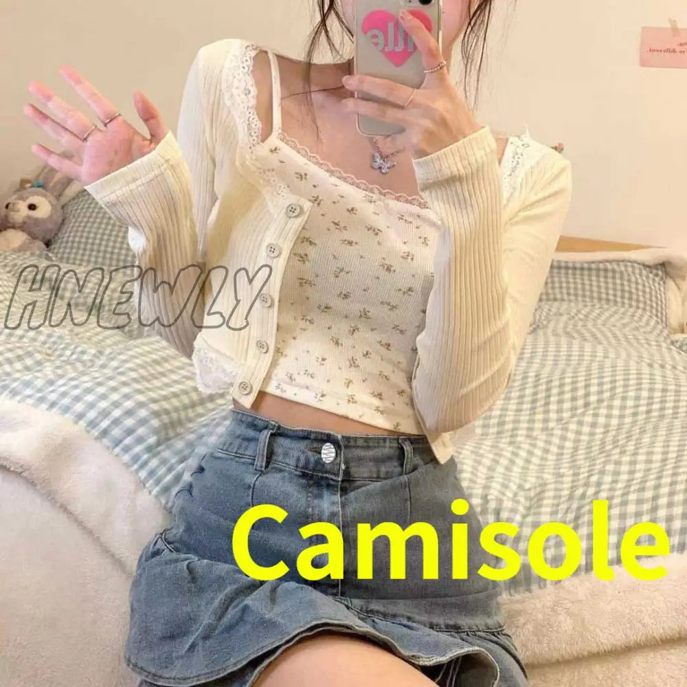 Hnewly Sets Women Fresh Chic Summer Female Two Piece Single Breasted Cardigan Sexy Girlish Crops