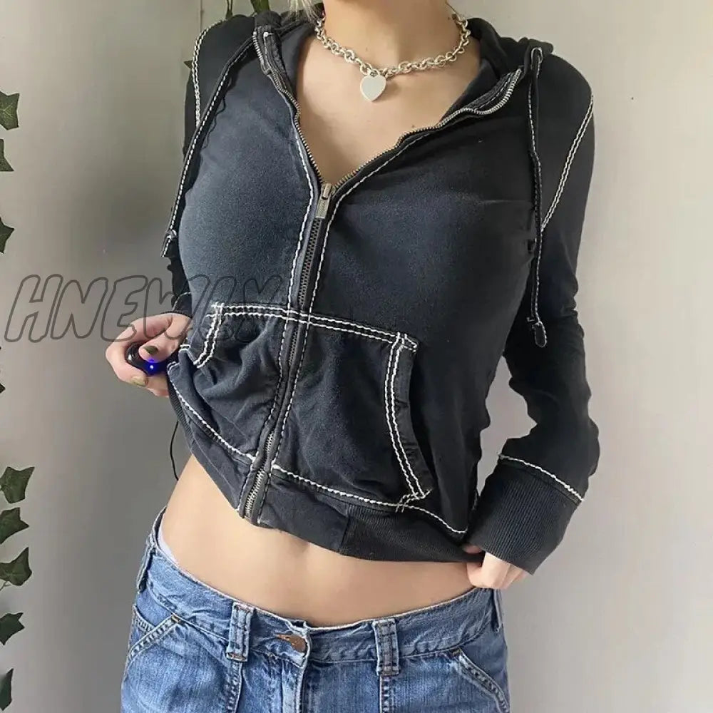 Hnewly Sewing Thread Coat 2000S Aesthetic Women Long Sleeve Crop Tops With Pockets Y2K Grunge