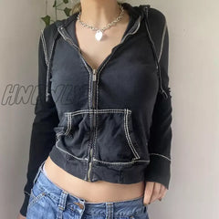 Hnewly Sewing Thread Coat 2000S Aesthetic Women Long Sleeve Crop Tops With Pockets Y2K Grunge