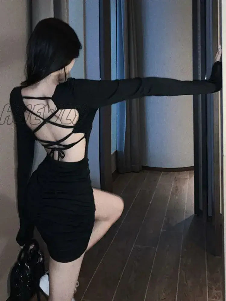 Hnewly Sexy Backless Bandage Black Mini Dress Women Evening Bodycon Slim Wrap Skinny Short Dresses