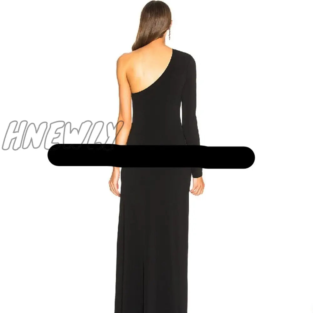 Hnewly Sexy Black Evening Dress One Shoulder Long Sleeve Simple Prom Dresses Side Slit Party Gowns