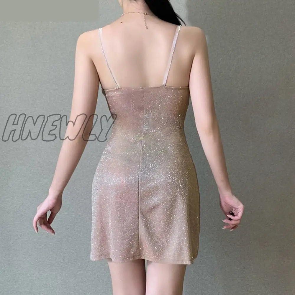 Hnewly Sexy Bright Silk Diamond Women Mini Dress Low-Neck Sleeveless Backless Night Club Party